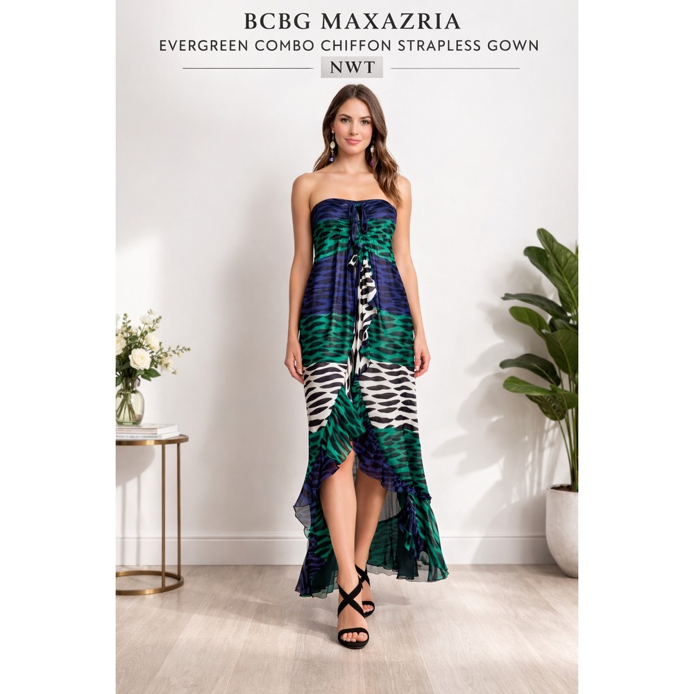 BCBG MaxAzria Evergreen Combo Strapless Chiffon Gown. Size 8